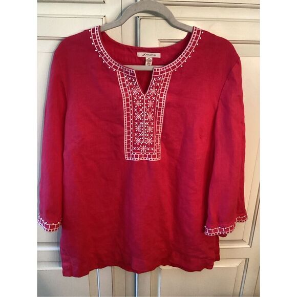JM Collection 100% Flax Linen Embroidered Top Sz 10 Pink - Picture 1 of 9